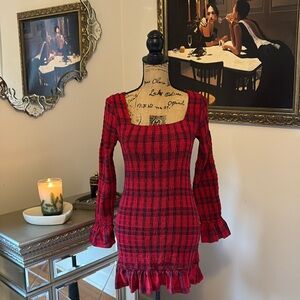 VICI Plaid Tartan Smocked Red blue Sexy Holiday mini dress XS S 2 4